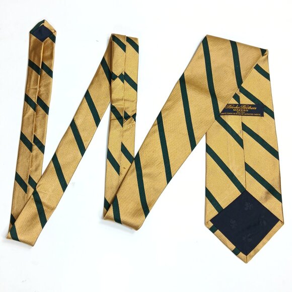 Brooks Brothers Silk Repp Tie Men’s 59” Gold Green Woven Stripe Preppy Wide New - Picture 3 of 4
